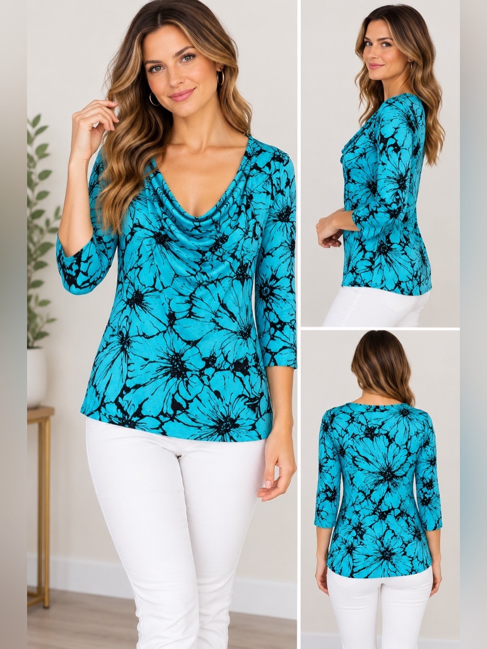 Liz Claiborne Turquoise Floral Cowl Neck Top Large